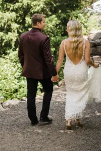 couple walking wedding greenbluff